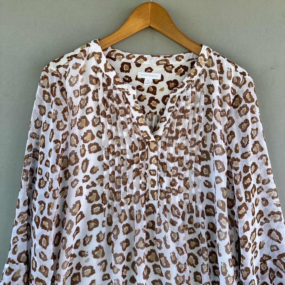 Charter Club Cream and Brown Leopard Print Peasant Blouse - Picture 3 of 9
